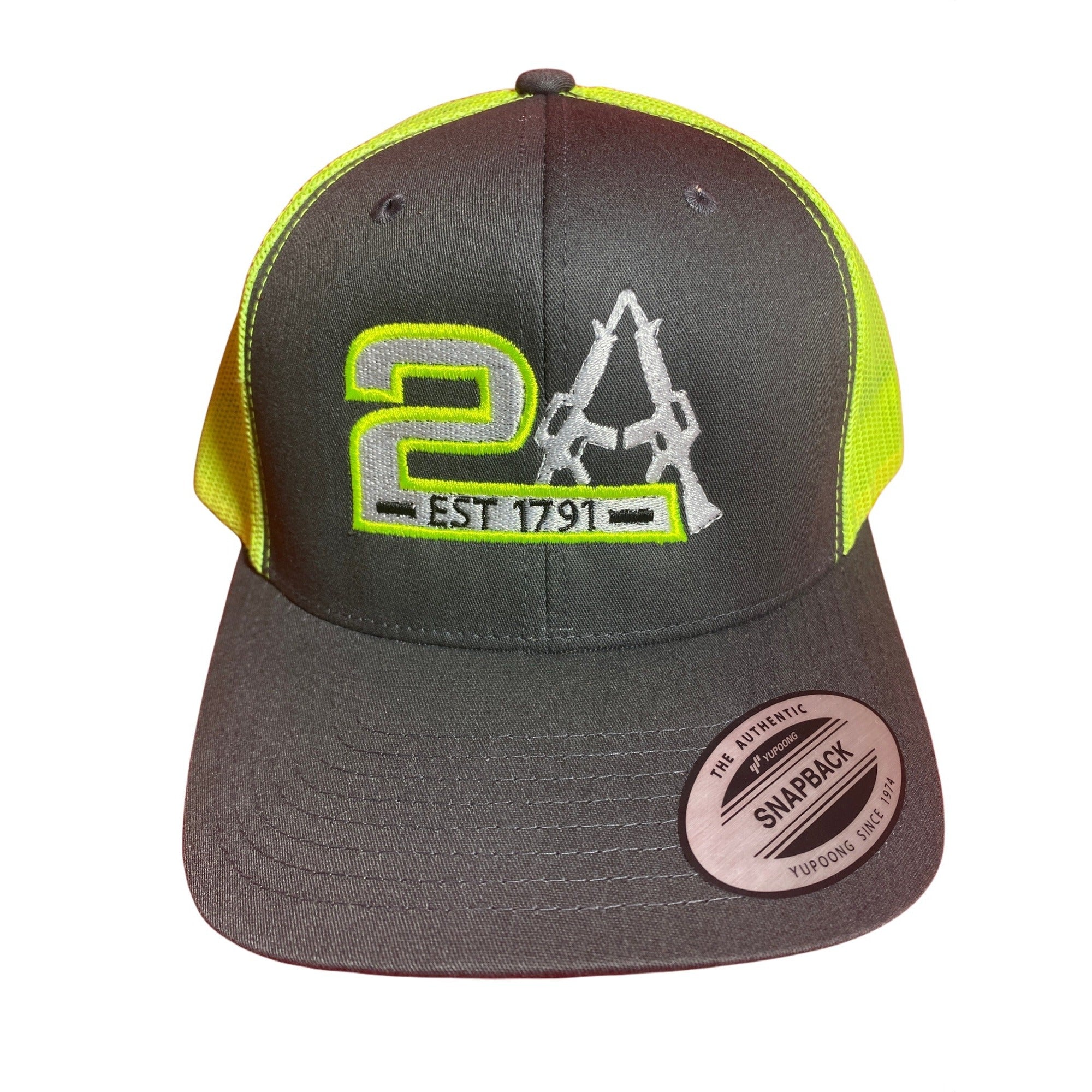 2A Hat, 2nd Amendment EST 1791 Hat. Charcoal/Neon Green/White Trucker Hat