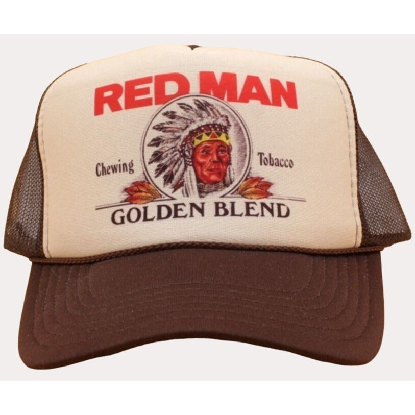 red man tobacco hat Vintage Chewing Red Snapback Patch Trucker Cap Made USA New Red Man, America's Best Chew