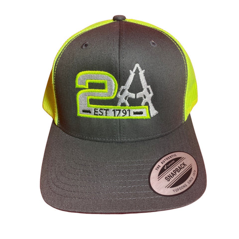 2A Hat, 2nd Amendment EST 1791 Hat. Charcoal/Neon Green/White Trucker Hat