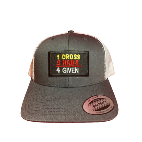 One Cross Three Nails Forgiven Hat. Charcoal and White Trucker Hat. Biker Hat