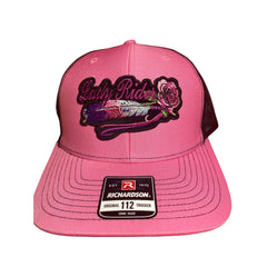 Lady Rider Pink Rose with Feather. Hot Pink Richardson R112 Hat. Lady Biker