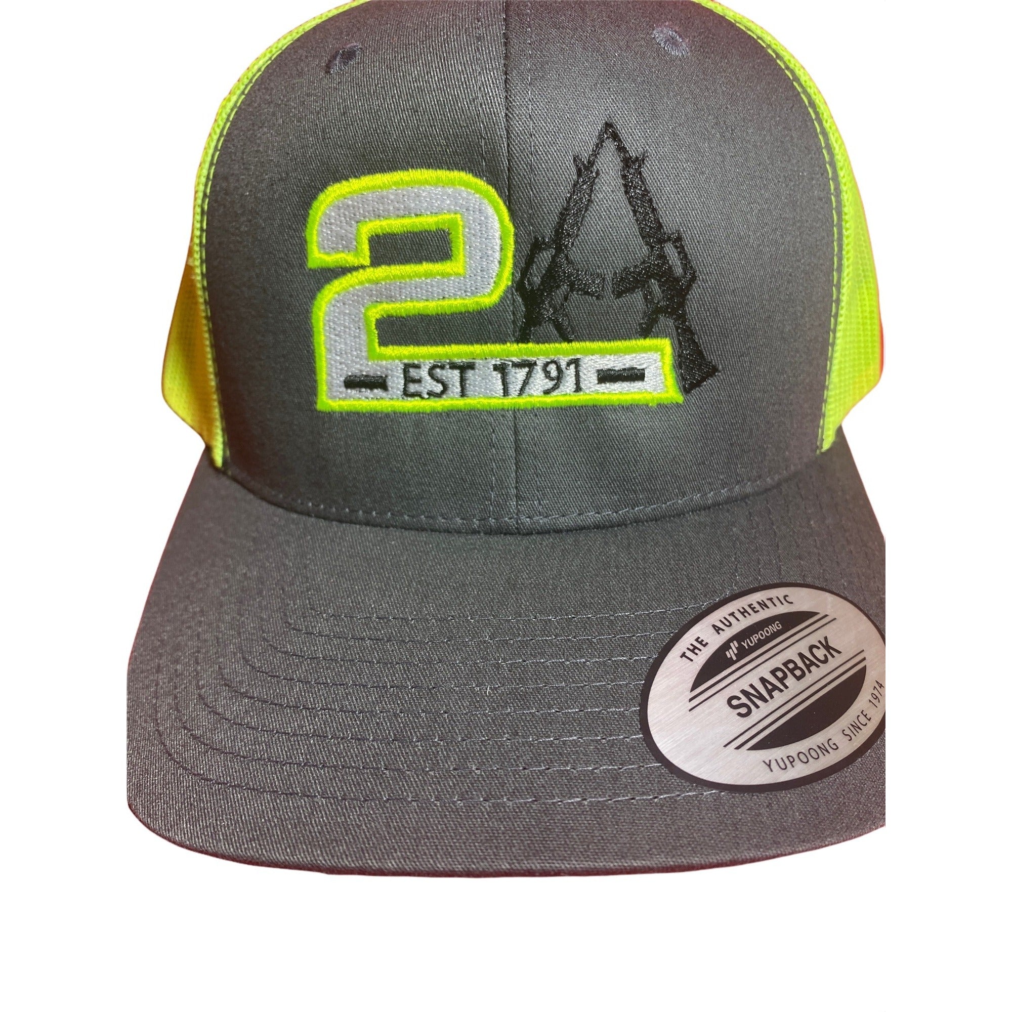 2A Hat, 2nd Amendment EST 1791 Hat. Charcoal/Neon Green Trucker Hat