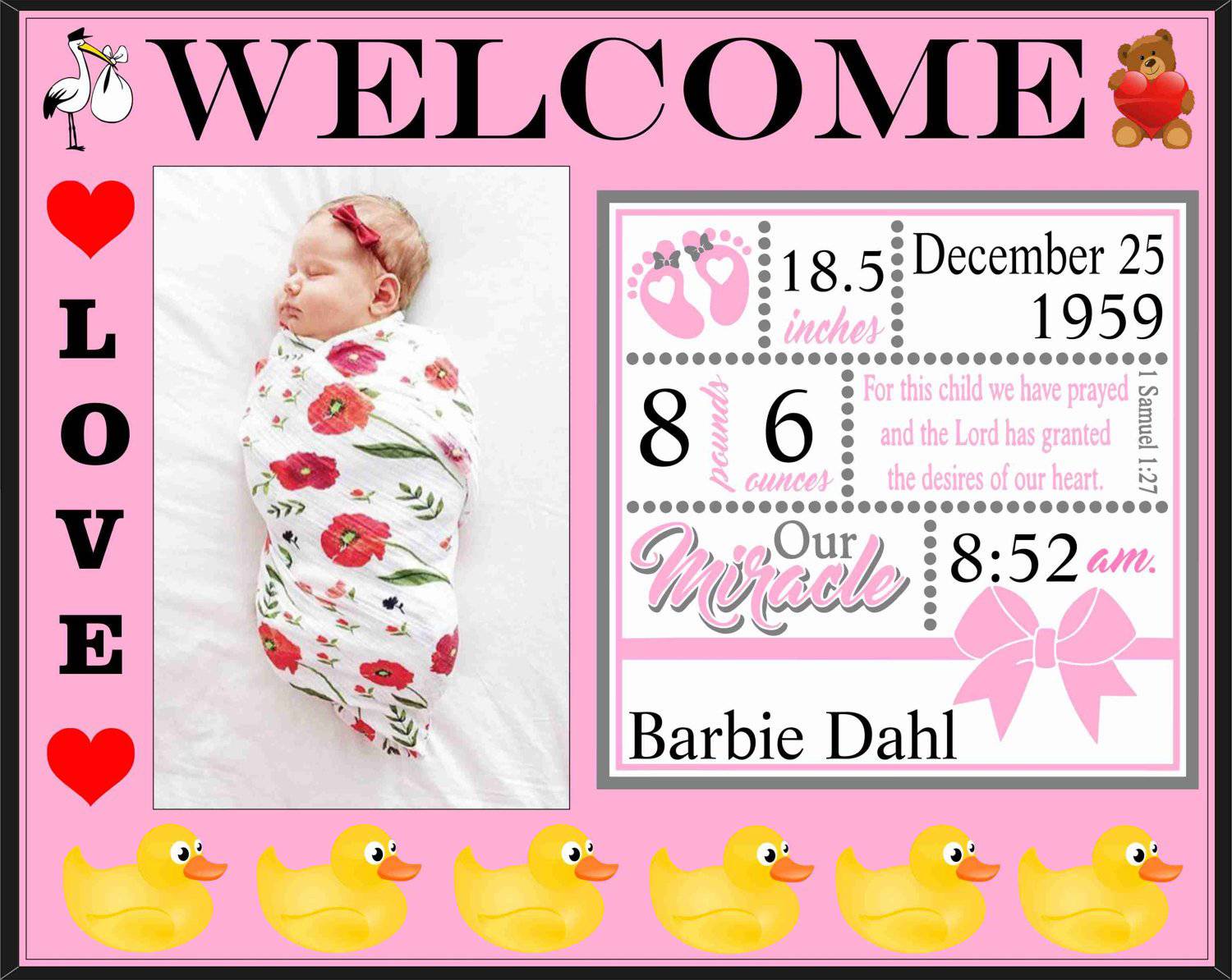 Birth Announcement Photo Frame For Girl - 150 TEES GIFTS & MORE